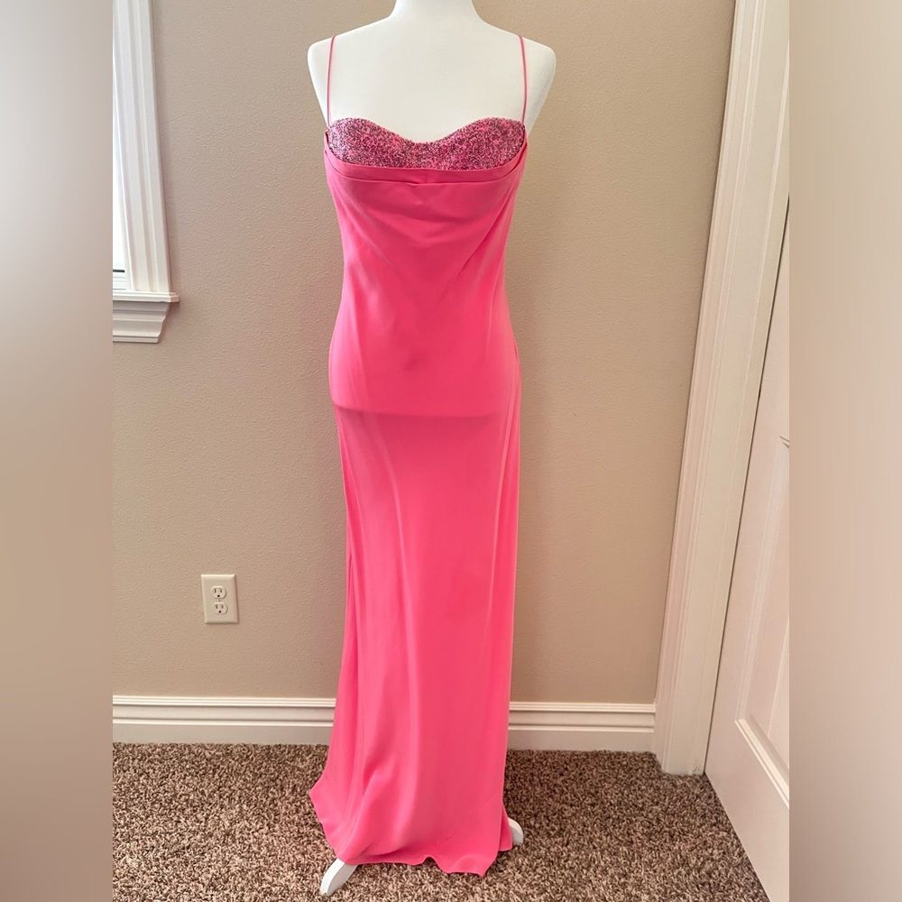 Cache bustier long prom homecoming dress gown bubblegum pink beaded sz. 6